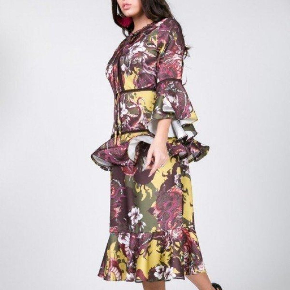 Women's Mustard Multi Cascade Ruffle Sleeve Frill Tiered Bottom Print Midi Dress
